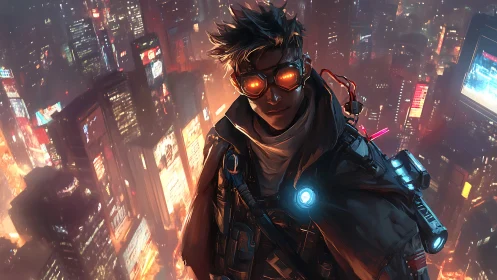 Neon-eyed wanderer gazes over a glowing cyberpunk city