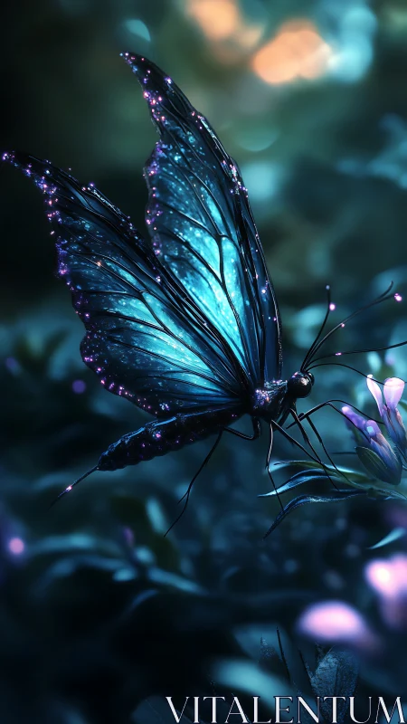 Bioluminescent lepidopteran macro in nocturnal bloom field.