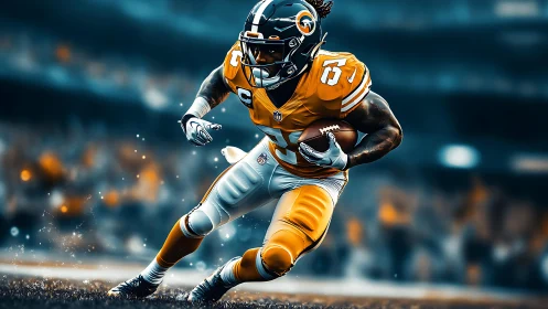 Dynamic gridiron running back sprints through blurred stadium