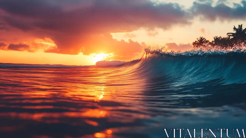 Sunset wave rolling toward tropical shoreline horizon.