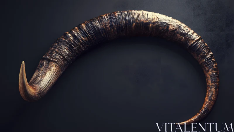 Curved animal horn against dark background, realistic detailed style.