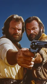 Bearded gunslingers unite in sunlit frontier standoff drama.