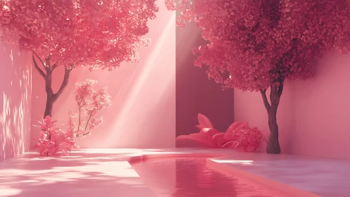 Cotton candy trees daydream above a quiet mirrored canal