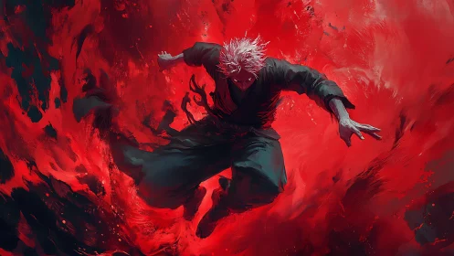 Dynamic warrior descending through turbulent red energy field