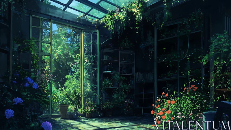 Sunlit glasshouse library integrates dense overgrown foliage