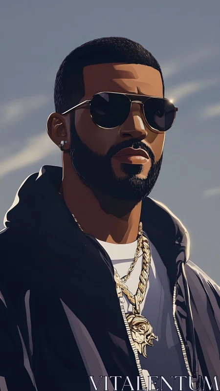 Sunlit street king in slick shades and gold swagger.