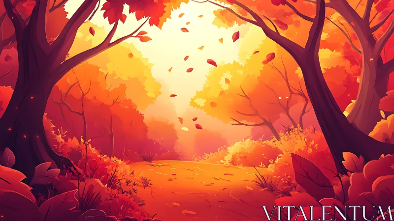 Incandescent Autumn Reverie: Where Crimson Trees Dance Golden.