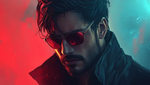 Brooding man in red sunglasses framed by neon split lighting