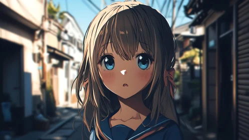 Anime schoolgirl stands in sunlit narrow urban alleyway.