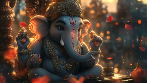 Highly detailed 3D render of ornate Ganesha idol in warm bokeh light