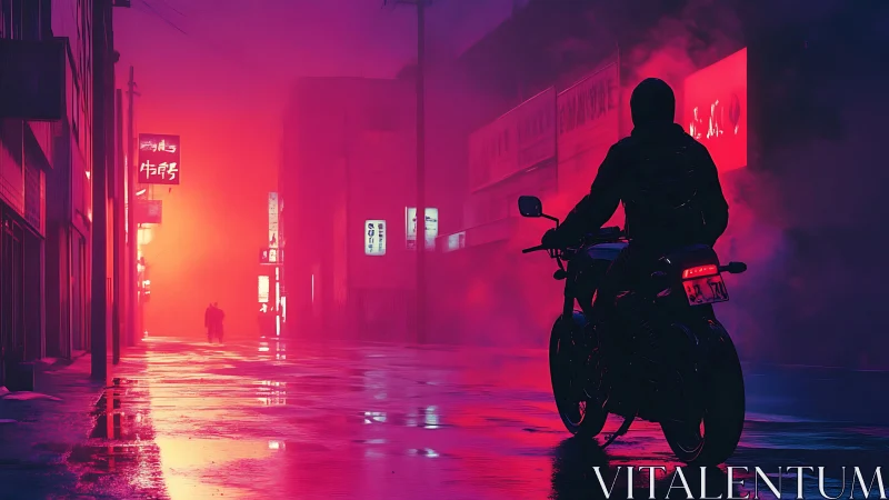 Lone biker watches neon-lit city street dissolve into mist.
