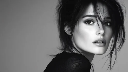 Black and white close-up portrait of woman with loose hair.