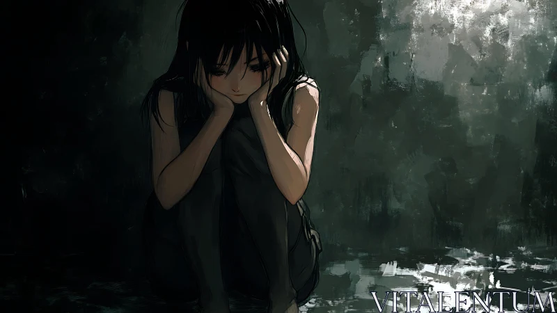 Girl sits alone in dark corner with reflective puddle below