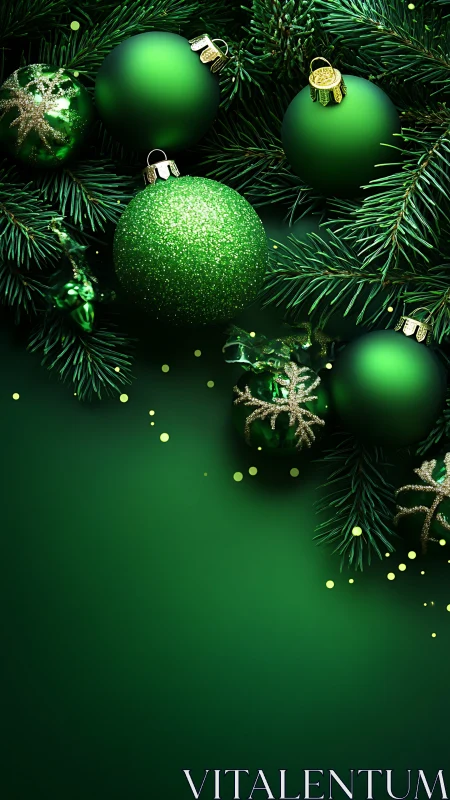 Monochromatic emerald baubles in structured festive composition.