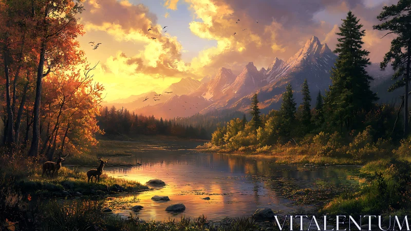 Golden mountain sunset reflects over tranquil forest lake.
