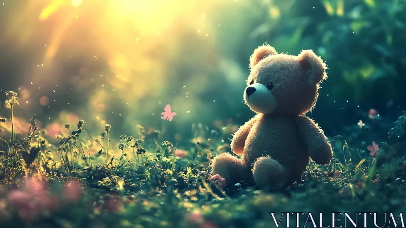 Teddy bear glows in dreamy meadow light at golden sunset