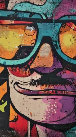 Graffiti portrait with neon sunglasses on urban wall surface.