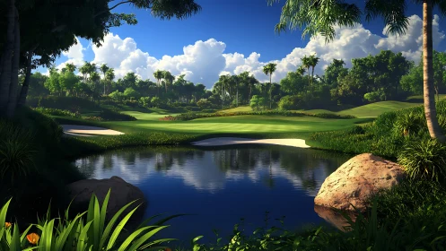 Sunny tropical golf course pond reflects vibrant palm landscape