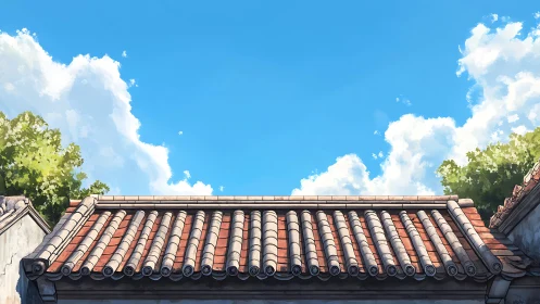 Sunlit tiled rooftop beneath a wide serene summer sky.