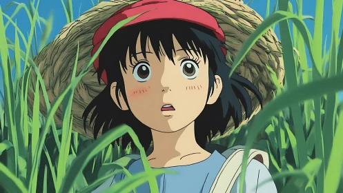 Curious girl in tall green grass under a wide straw hat.