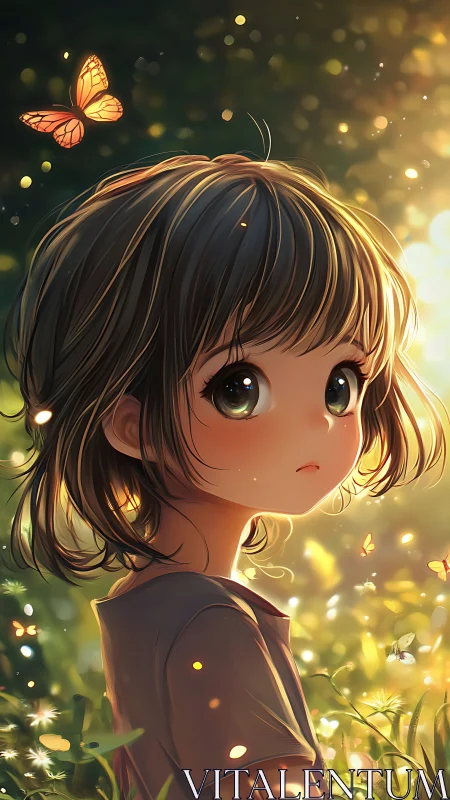 Soft sunlight bathes anime girl and butterflies in meadow glow.