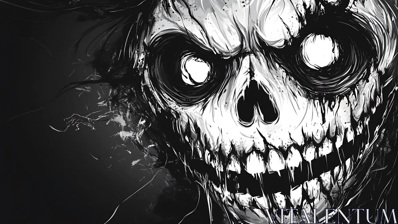 High-contrast monochrome skull rendered with chaotic ink-like strokes