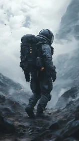 Extravehicular explorer on volcanic ridge in dense toxic fog