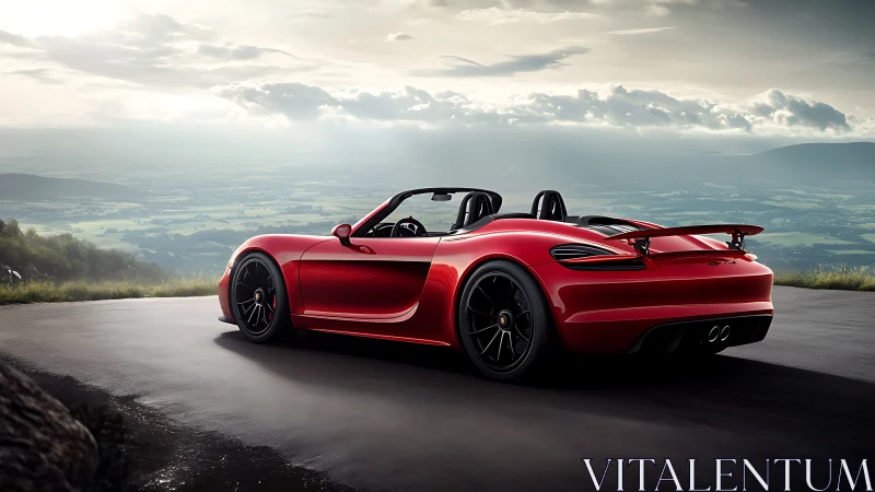 Red sports roadster above valley under dramatic sky.