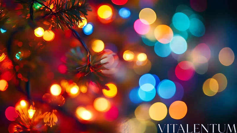 Holiday tree lights glow against deep festive bokeh field.