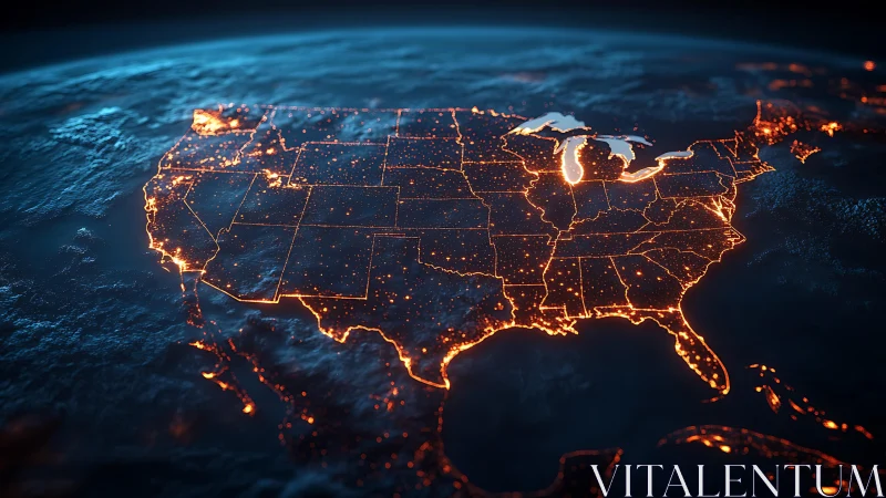Luminous US map wired in fiery neon across a sleeping Earth.