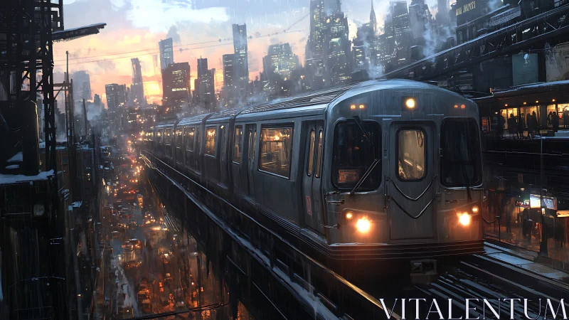 Rain-soaked elevated train rushes through neon city twilight.