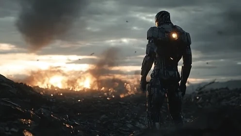 Armored humanoid mech overlooking incendiary postwar wasteland