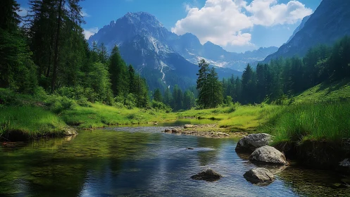 Mountain valley river with forest and clear summer sky.