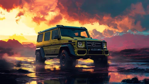 Yellow Mercedes G-Class SUV in dramatic wet landscape.