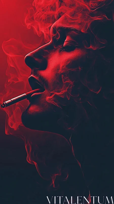 Red-lit smoking portrait in swirling cinematic vapor profile.