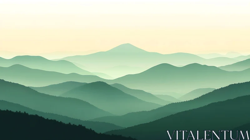 Layered green mountain silhouettes recede toward pale horizon