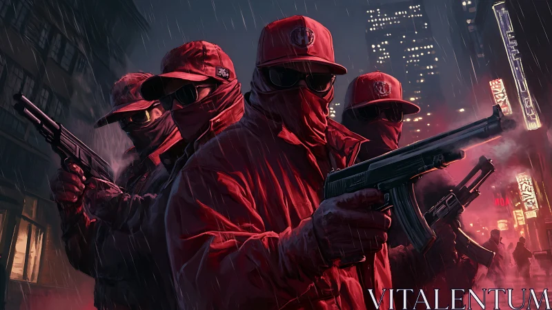 Armed masked group in red coats under city night rain.