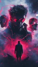 Neon void wanderer beneath fractured cybernetic spirits.