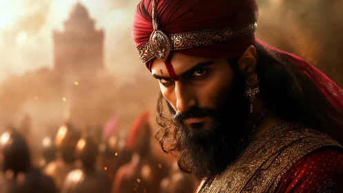 Warrior prince glares through dust-heavy battlefield haze.