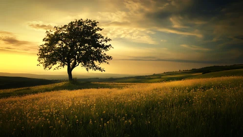 Golden hillside sunset with a quiet lone tree watching on.