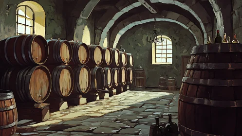 Rustic wine cellar interior with stacked wooden barrels.