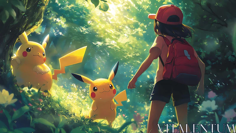 Backlit forest encounter unites trainer and two Pikachu companions
