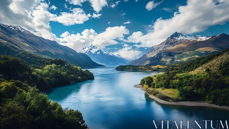Mountain lake extends between forested slopes under clouds