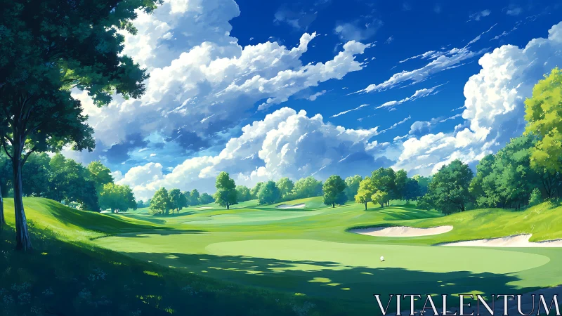 Sunlit golf course fairway curves under towering summer clouds