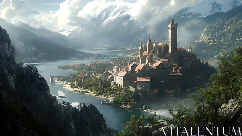 Mountain lake fortress city rises beneath drifting clouds