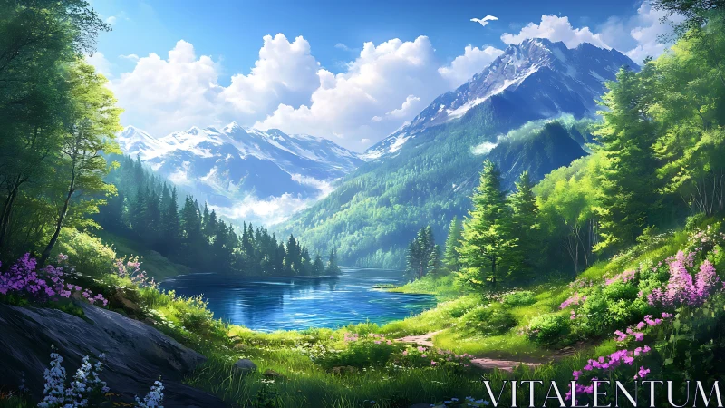 Mountain lake landscape with forest, flowers and clouds.