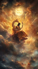 Sunlit sky throne and serene guardian above golden clouds.