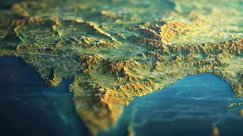Procedural 3D relief map renders coastal terrain with exaggerated elevation