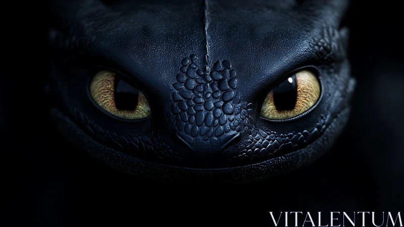 Close frontal view of black dragon face with detailed eyes.