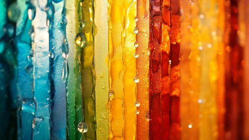 Chromatic rainfall melting across glassy rainbow walls.